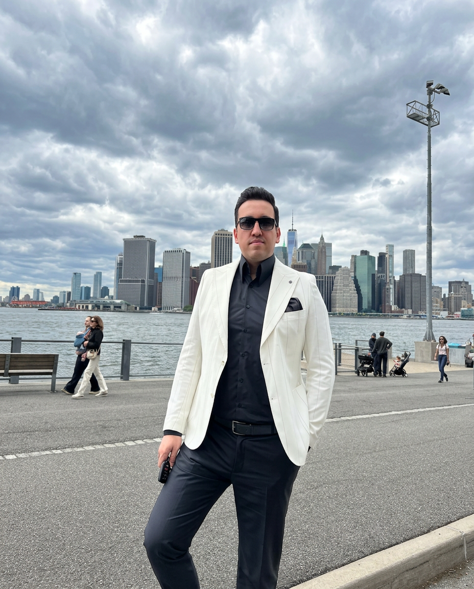 Parviz Abdullayev with the Manhattan skyline